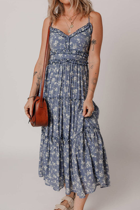 Blue Floral Spaghetti Strap Frilled Dress