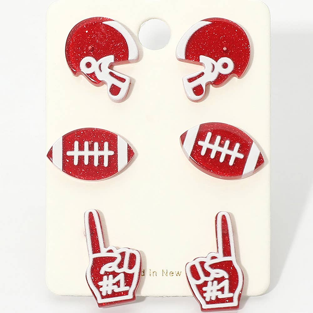 3Pairs - Game Day Football Helmet Ball Number One Sign Stud Earring Set