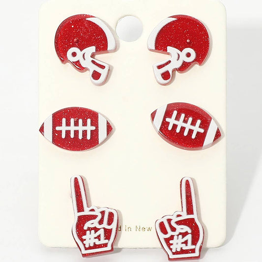 3Pairs - Game Day Football Helmet Ball Number One Sign Stud Earring Set