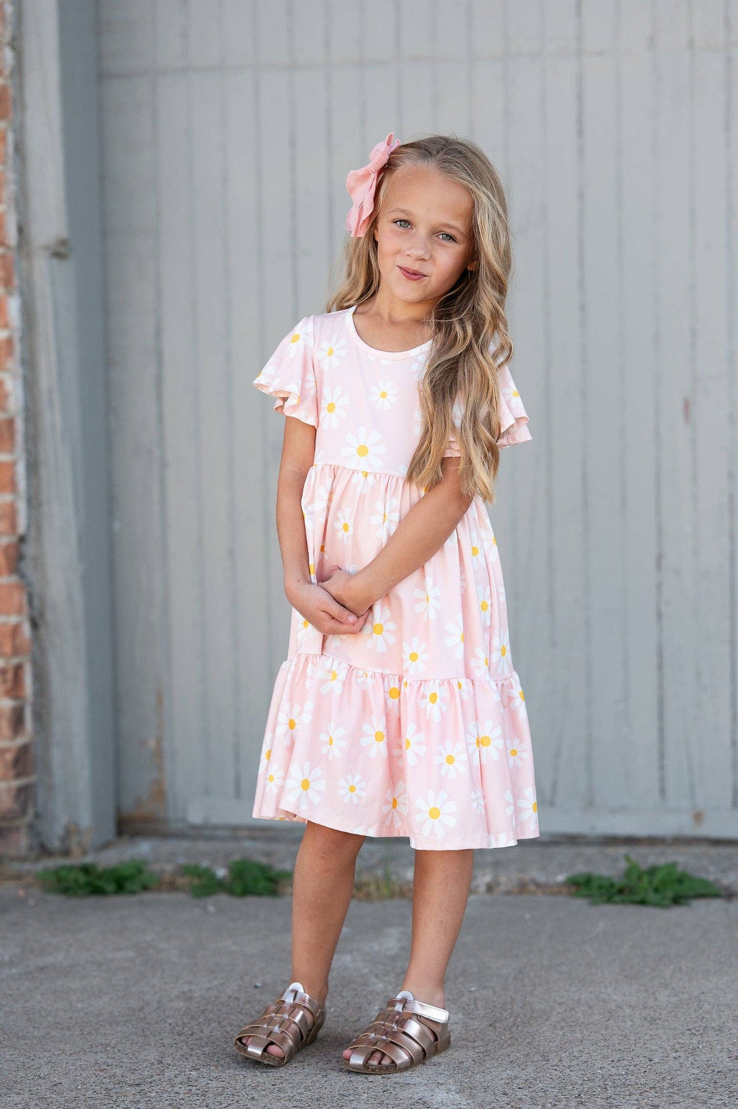 Girls Emma Pink Spring Daisy Flutter Sleeve Twirl Dress: 2