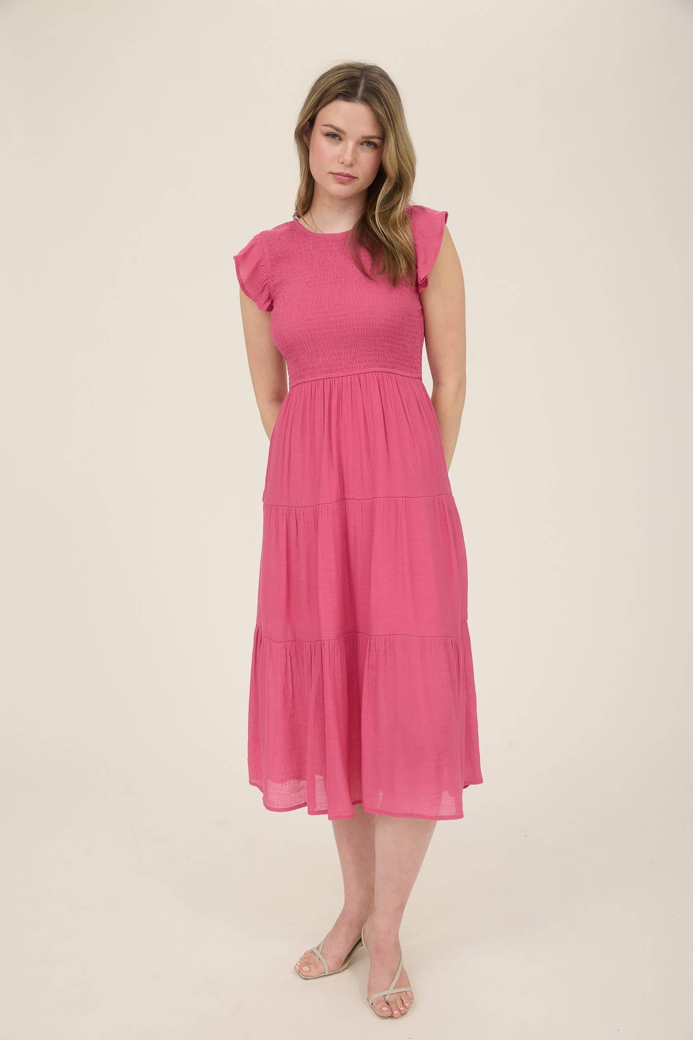 SMOCKED TIERED MIDI DRESS: LIGHT SAGE