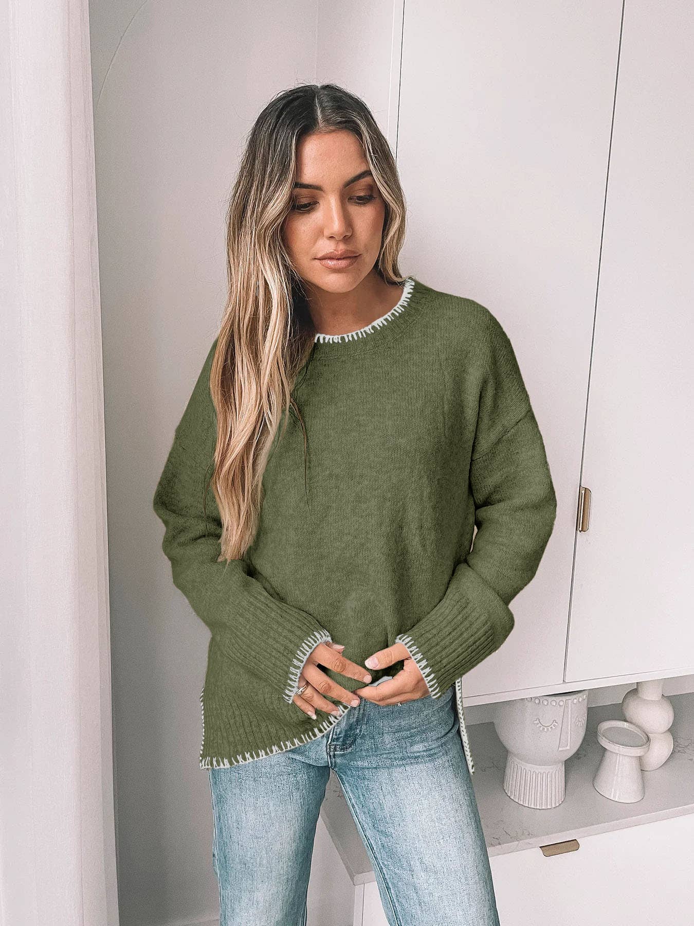 Solid Color Versatile Split-end Pullover Sweater: Light khaki