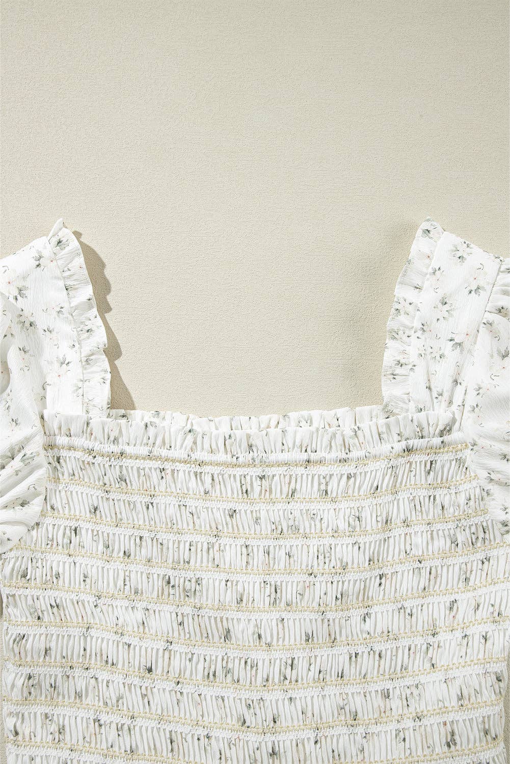 White Boho Floral Smocked Wide Leg Short Puff Sleeve Jumpsuit: White