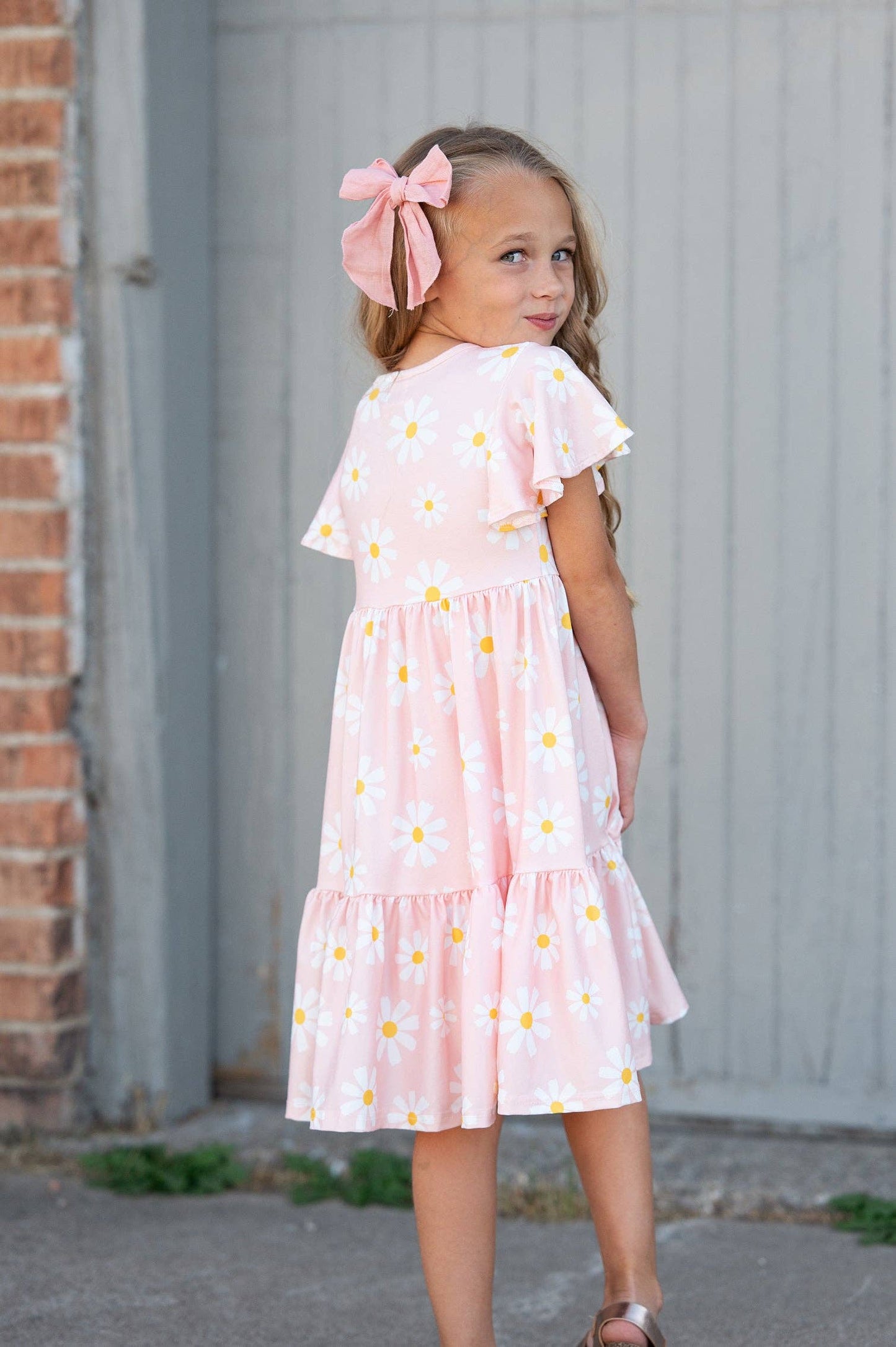 Girls Emma Pink Spring Daisy Flutter Sleeve Twirl Dress: 2
