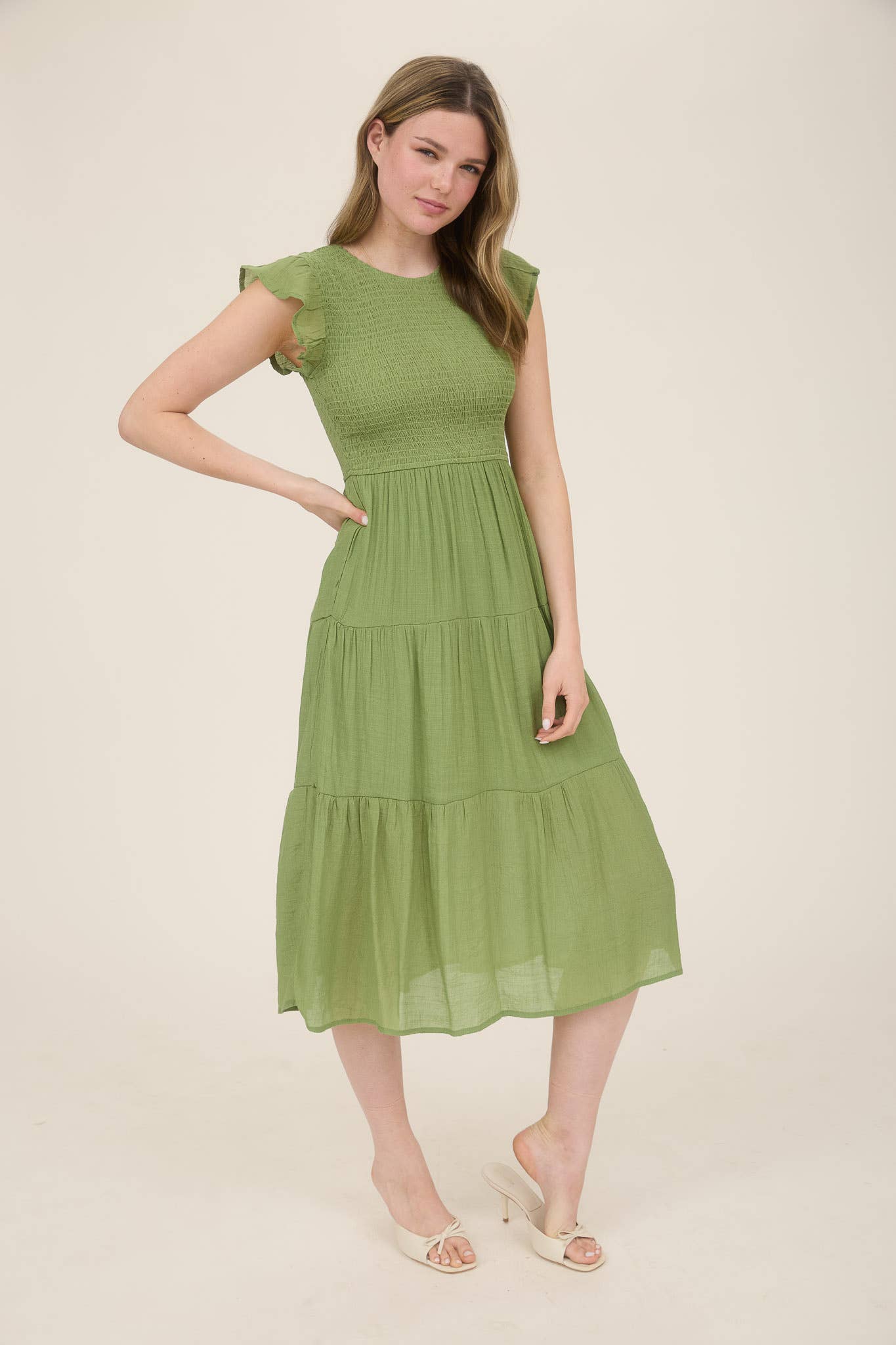 SMOCKED TIERED MIDI DRESS: LIGHT SAGE