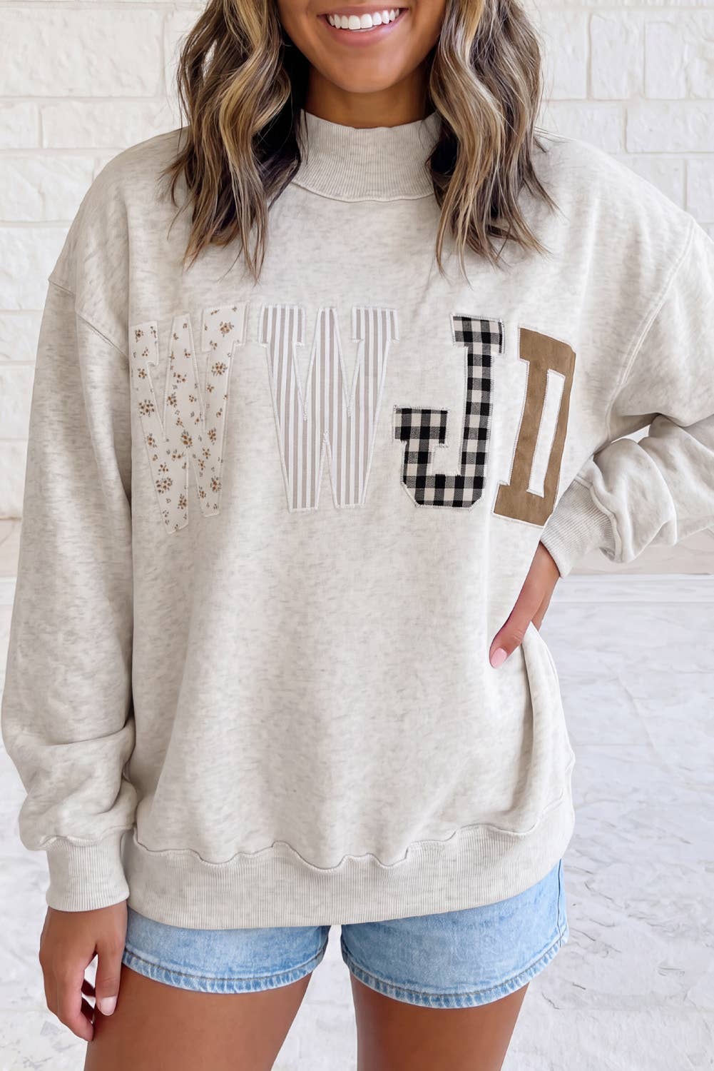 WWJD Embroidered Patch Mock Neck Sweatshirt