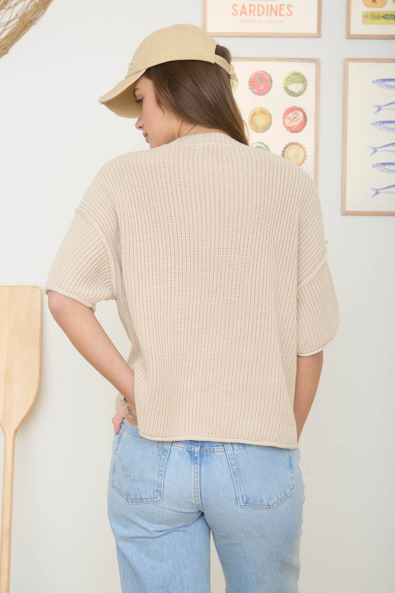WASHED SHORT SLEEVE BOXY KNIT TOP : LIGHT OLIVE