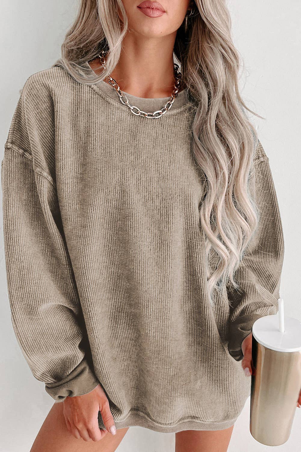 Ribbed Knit Round Neck Pullover Sweatshirt