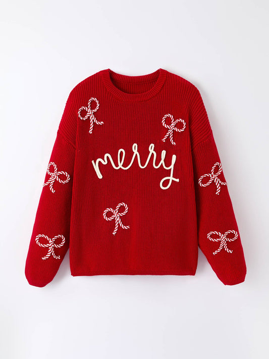 Mom and Me Winter Christmas Red "merry" Pullover Sweater- ADULT