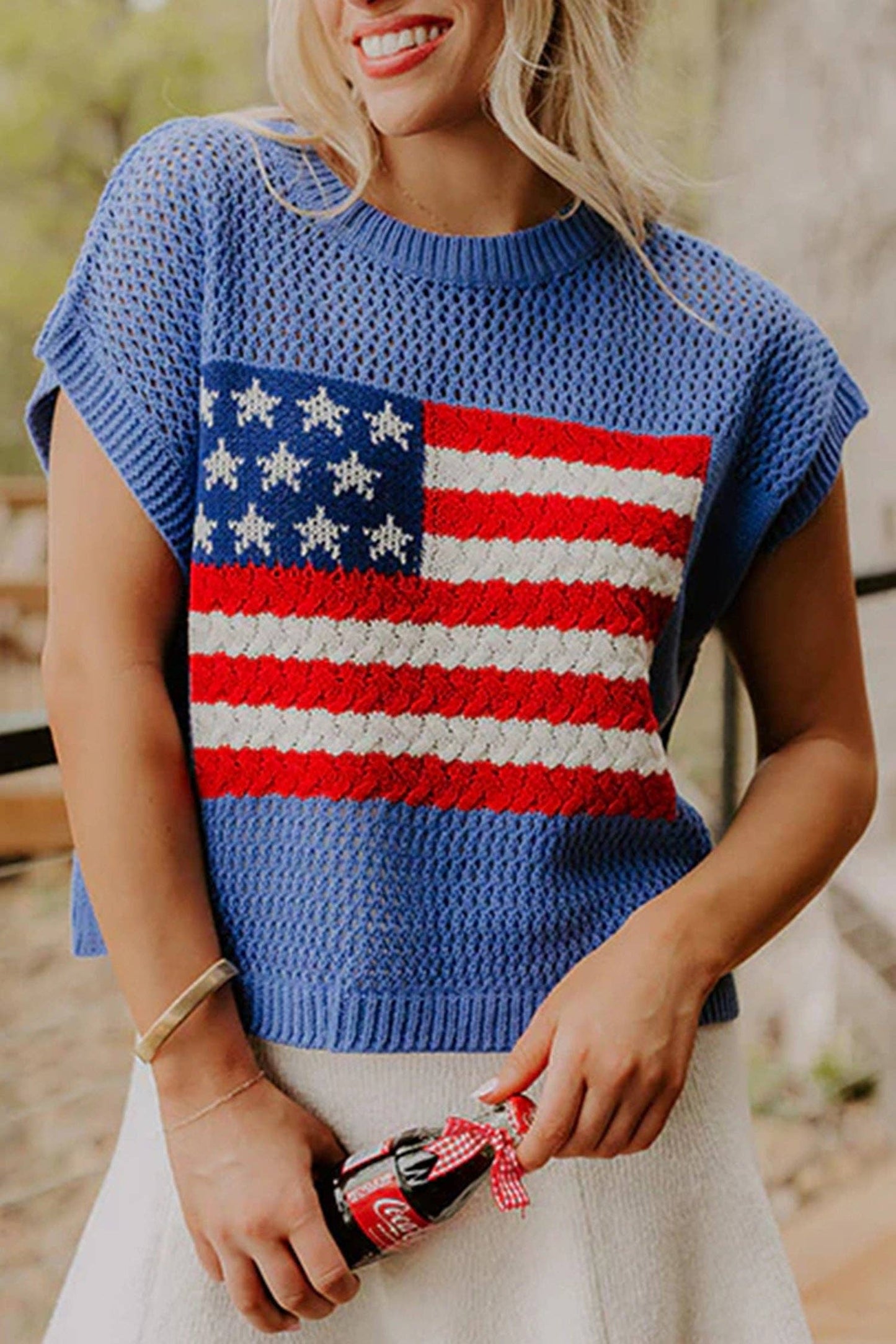 Sky Blue Flag Graphic Short Sleeve Sweater Top: Sky Blue