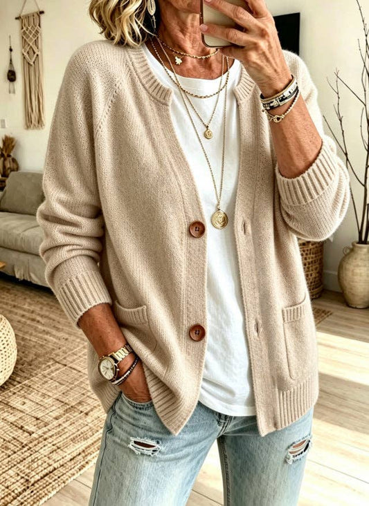 Button Front Crew Neck Pocket Knit Cardigan