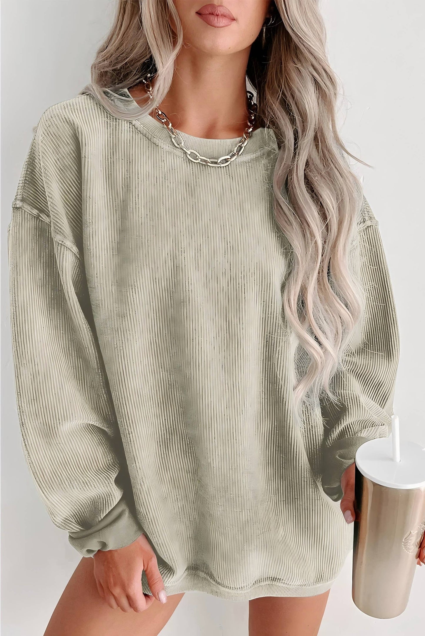 Ribbed Knit Round Neck Pullover Sweatshirt