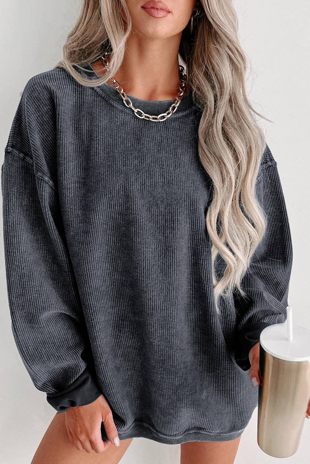Ribbed Knit Round Neck Pullover Sweatshirt