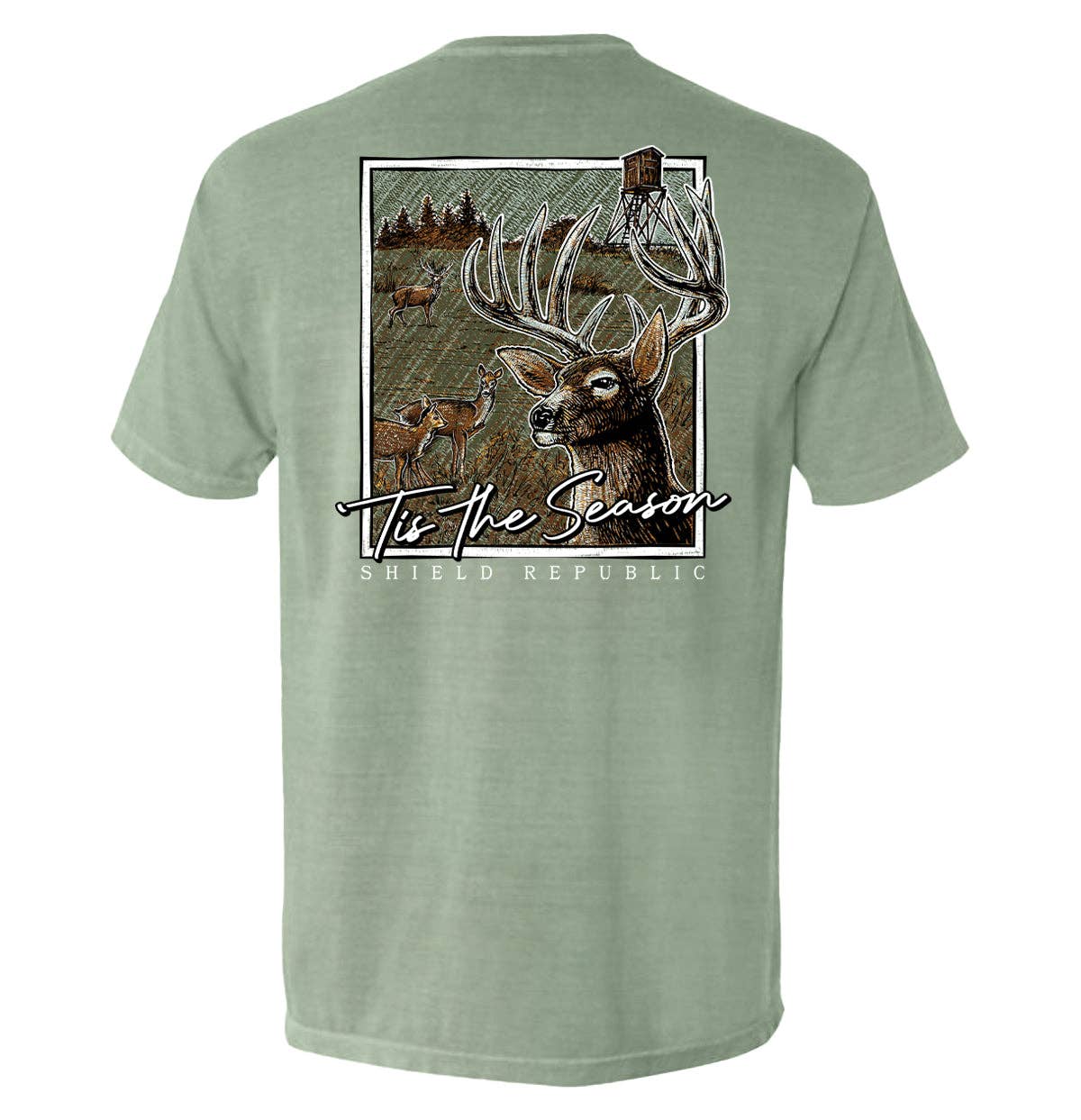 Tis the Season Deer comfort colors pocket tee. Blue Jean