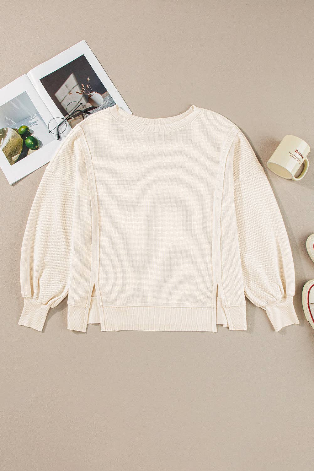 Waffle Knit Bishop Sleeve Split Oversized Sweatshirt: Cream