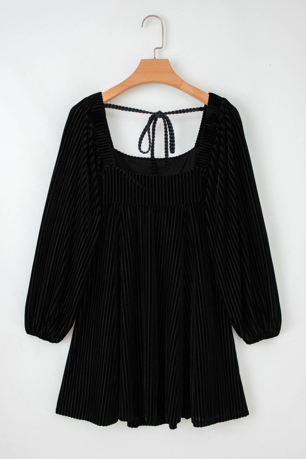 Tie Back Square Neck Velvet Babydoll Dress- Black