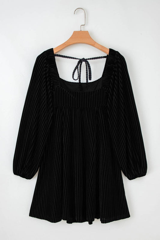 Tie Back Square Neck Velvet Babydoll Dress- Black