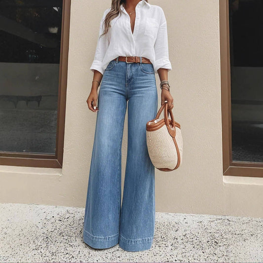 Washed Denim Wide Leg Jeans High Rise Relaxed Fit: Denim Blue