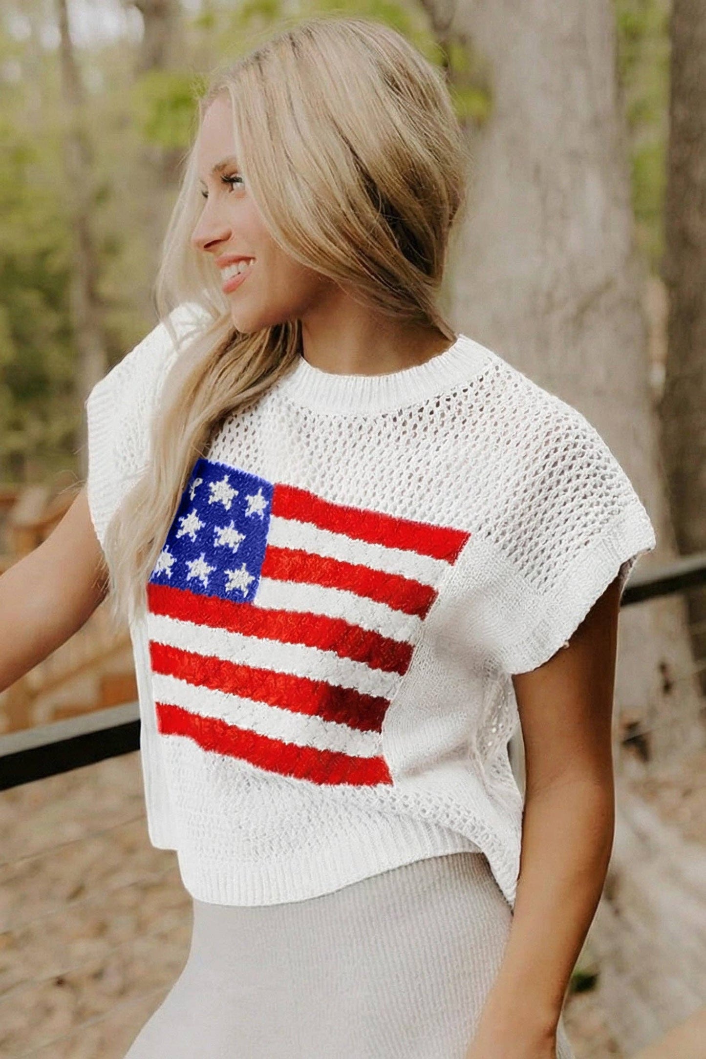 Sky Blue Flag Graphic Short Sleeve Sweater Top: Sky Blue