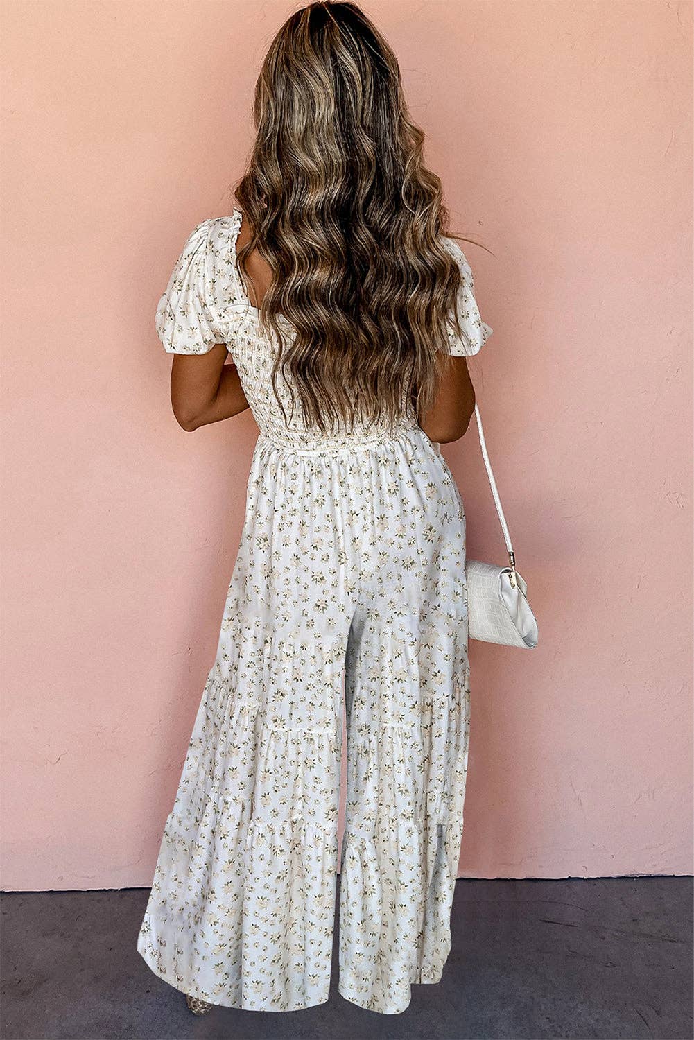 White Boho Floral Smocked Wide Leg Short Puff Sleeve Jumpsuit: White