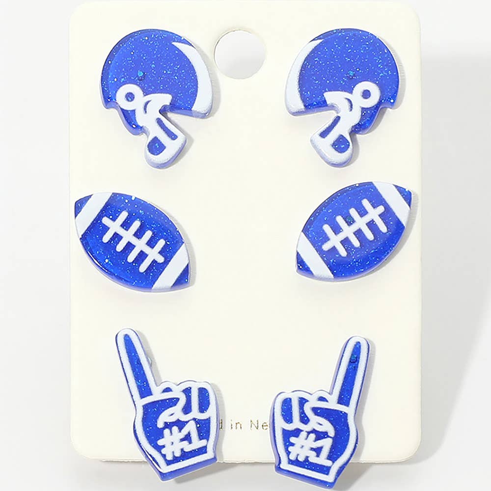 3Pairs - Game Day Football Helmet Ball Number One Sign Stud Earring Set
