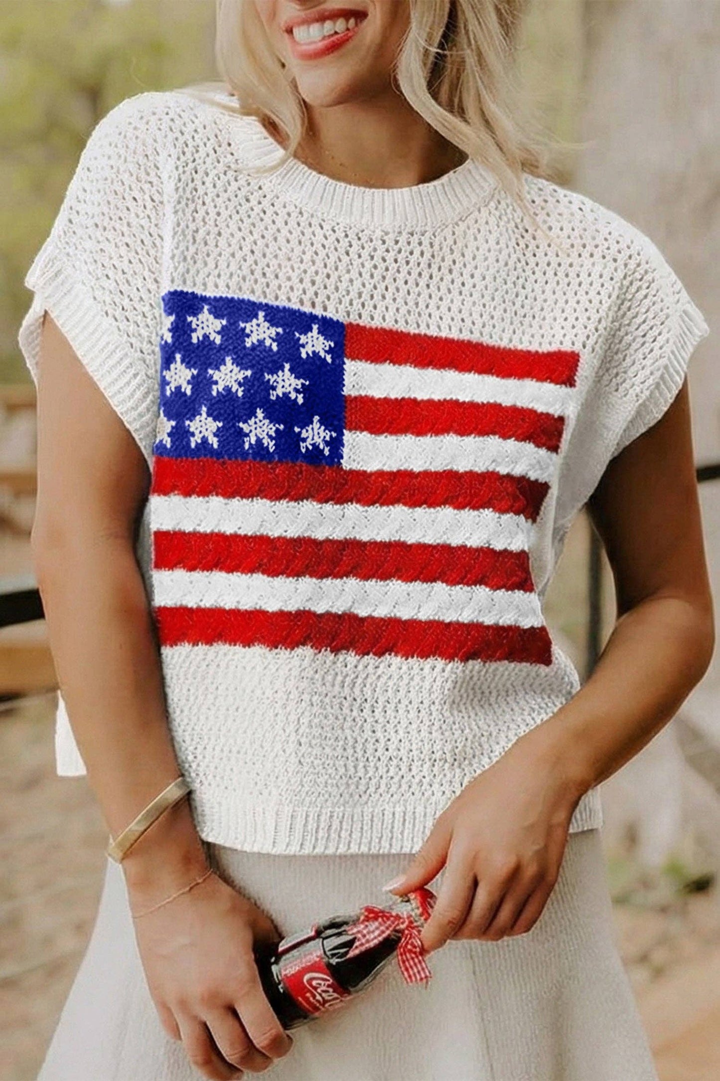Sky Blue Flag Graphic Short Sleeve Sweater Top: Sky Blue