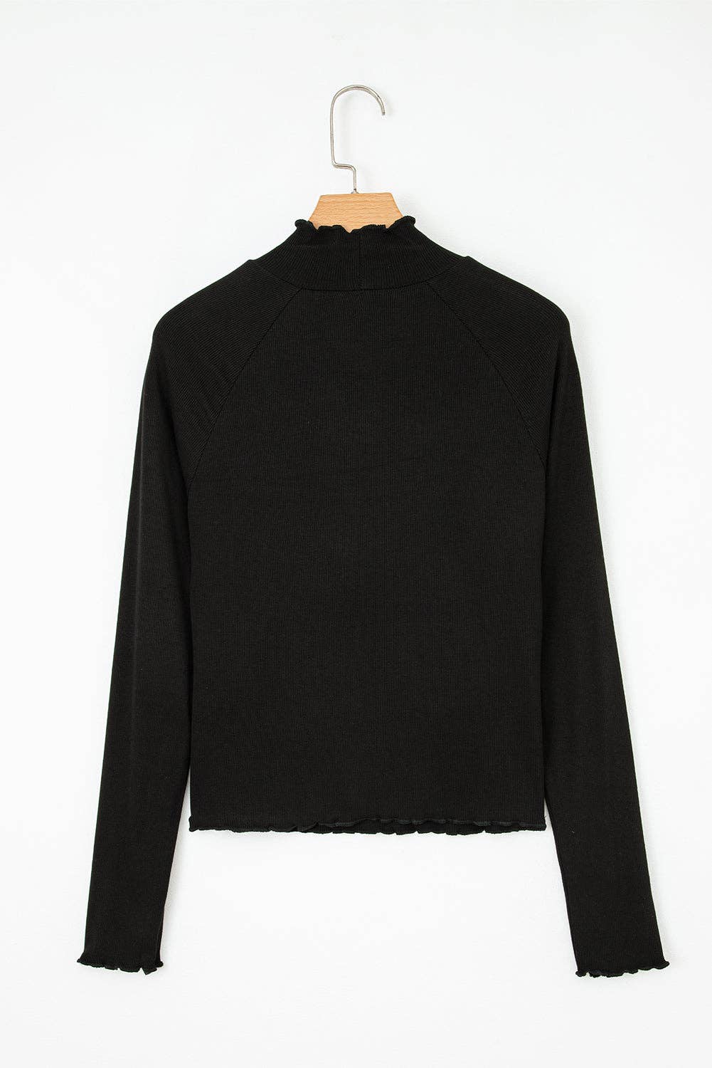 Black Ribbed Knit Lettuce Trim High Neck Long Sleeve Top