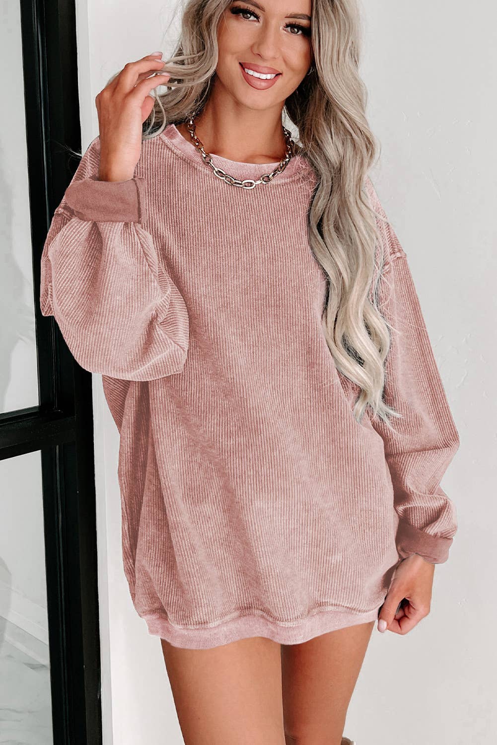 Ribbed Knit Round Neck Pullover Sweatshirt