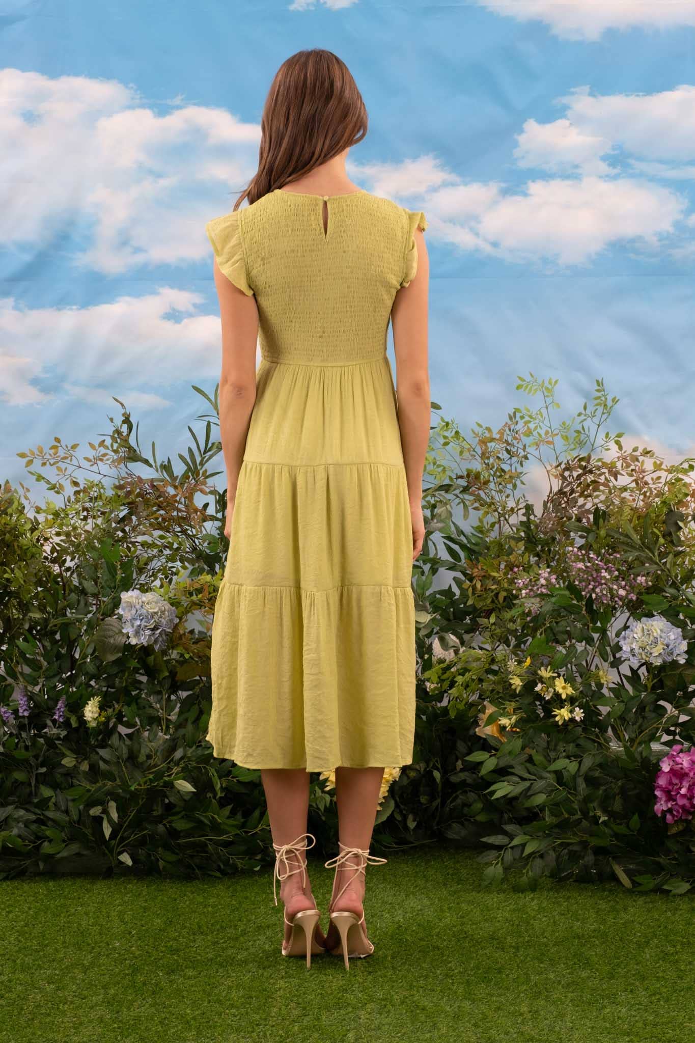 SMOCKED TIERED MIDI DRESS: LIGHT SAGE