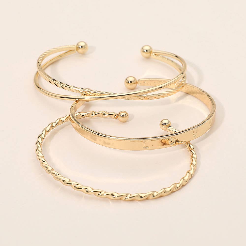 3PCS - Gold Dipped Textured Metal Cuff Multi Layered Bracelets
