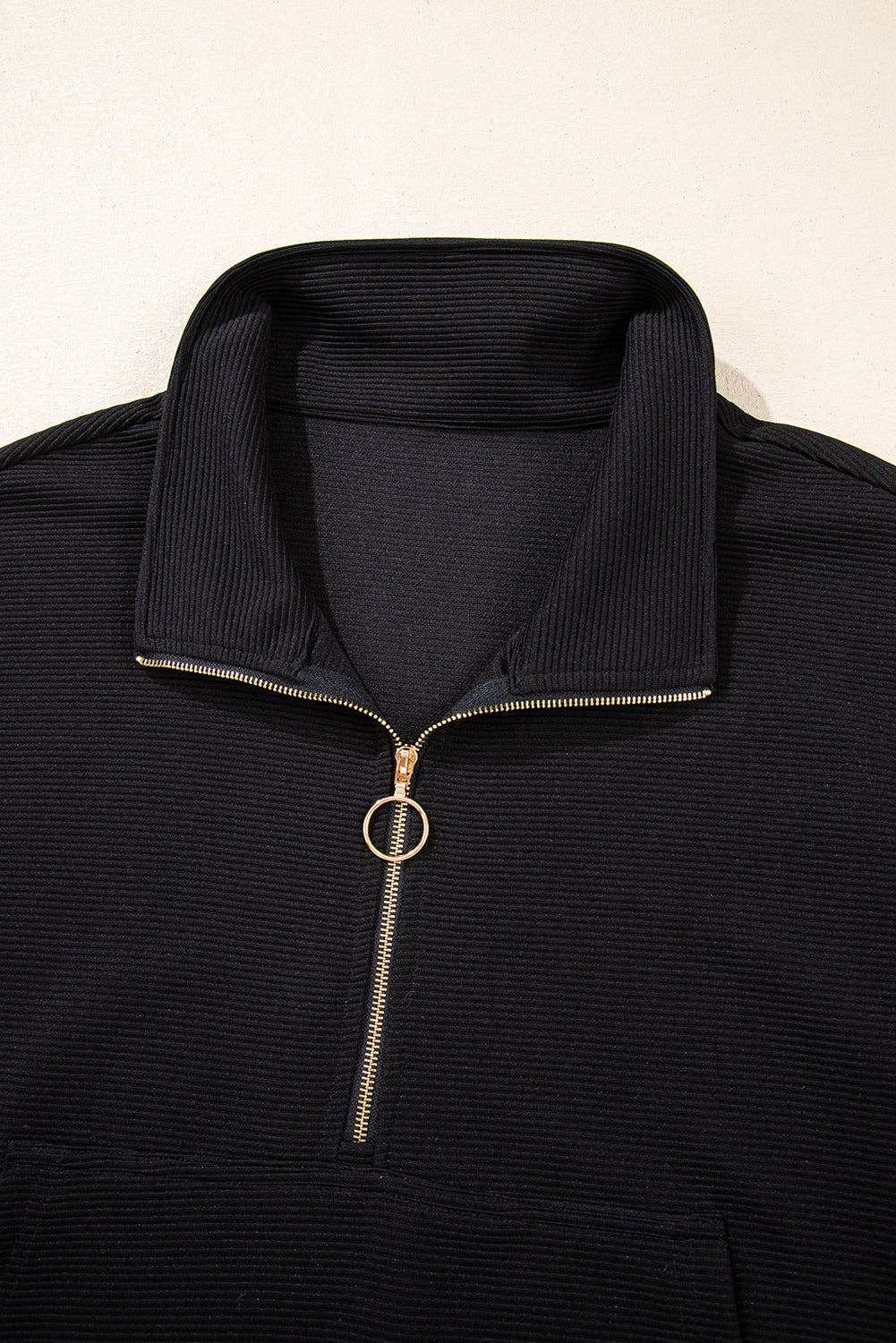 Black Textured Half Zip Kangaroo Pocket Top Drawstring Shorts Set: Black