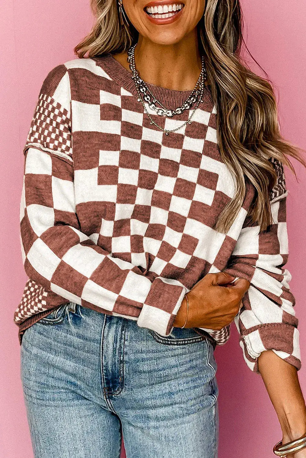 Khaki Checkered Print Drop Shoulder Round Neck Sweater: Khaki