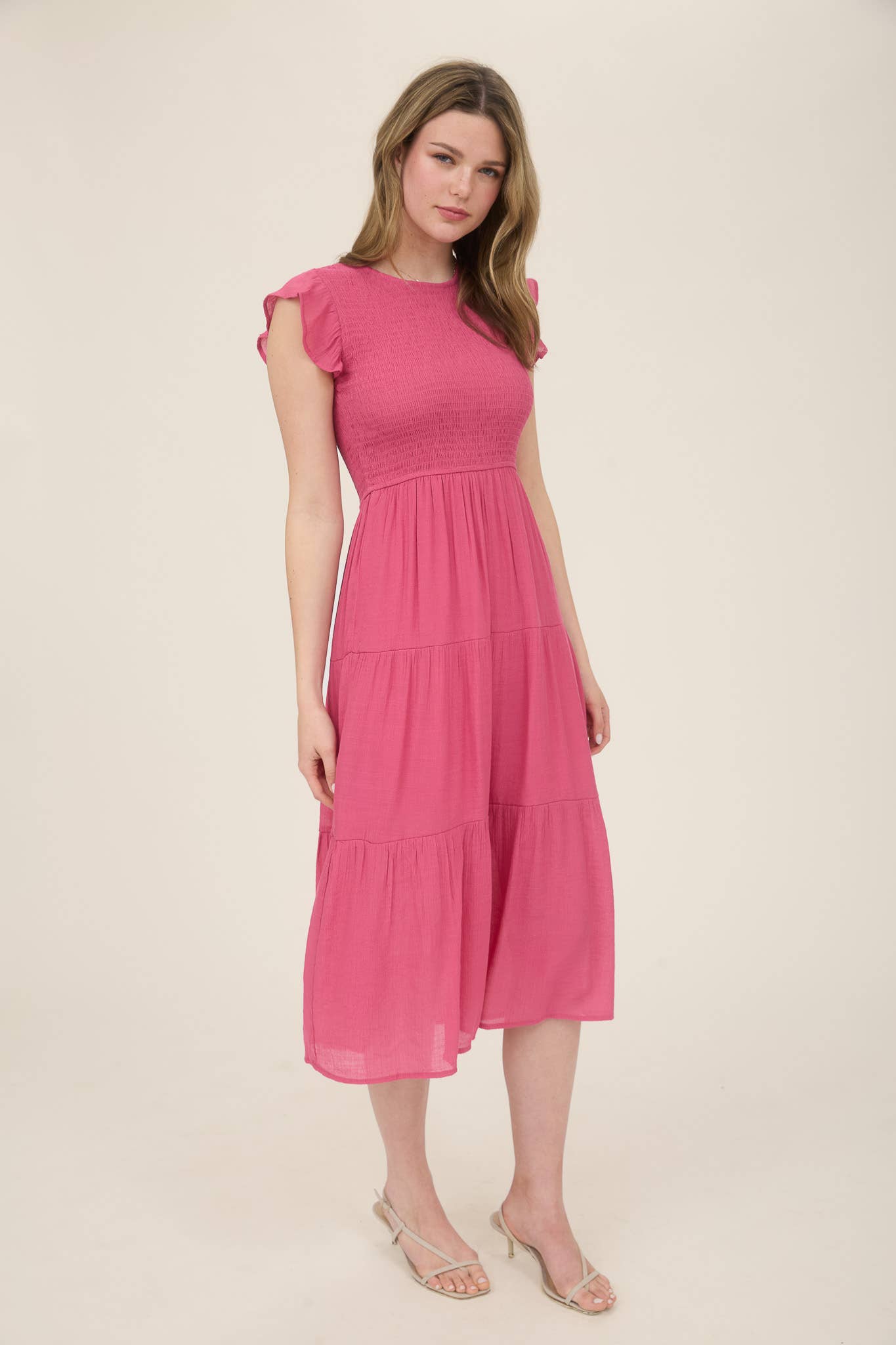 SMOCKED TIERED MIDI DRESS: LIGHT SAGE