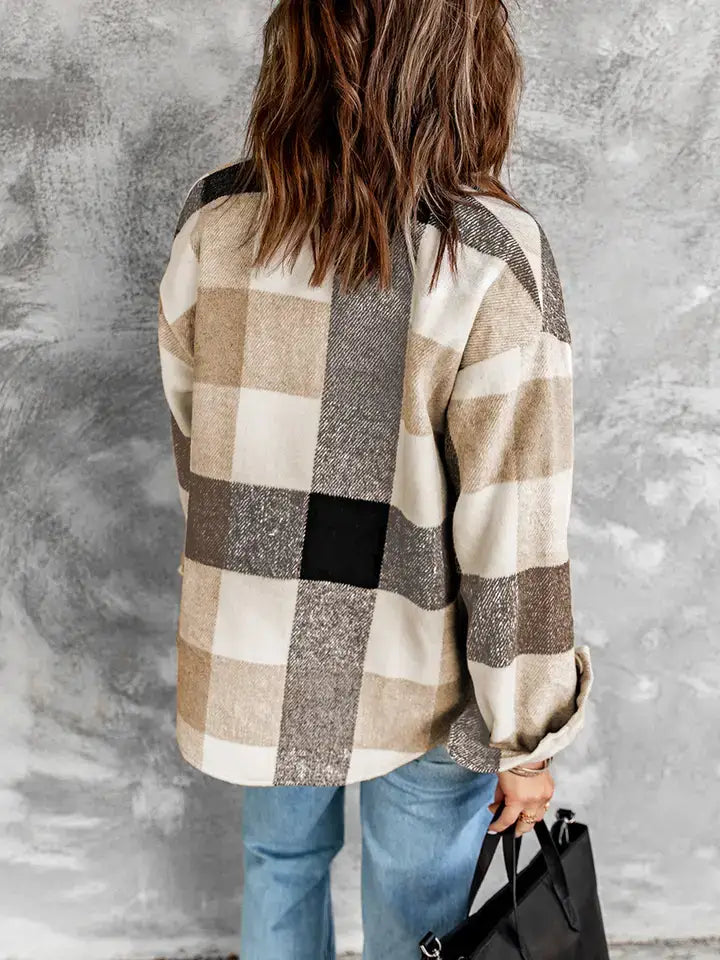 Buttoned Plaid Color Block Long Sleeve Jacket with Pockets: Khaki