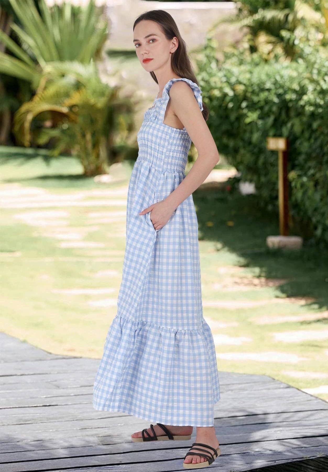 Gingham Smocked Maxi Dress Square Neck