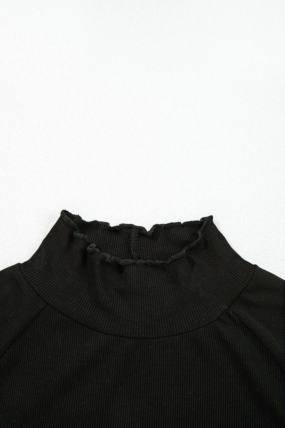 Black Ribbed Knit Lettuce Trim High Neck Long Sleeve Top