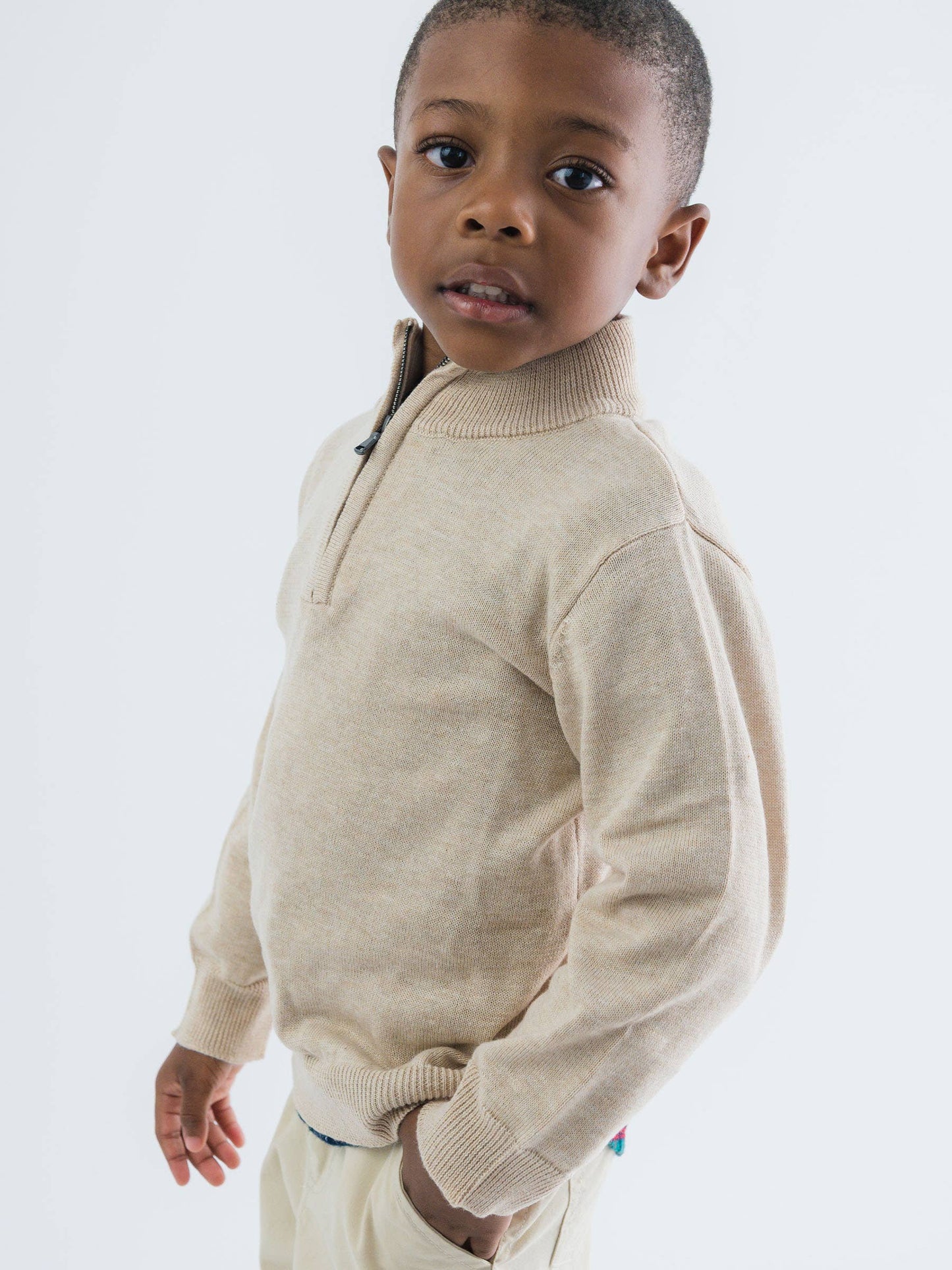Boys Heather Oatmeal Quarter-Zip Sweater: Off-White