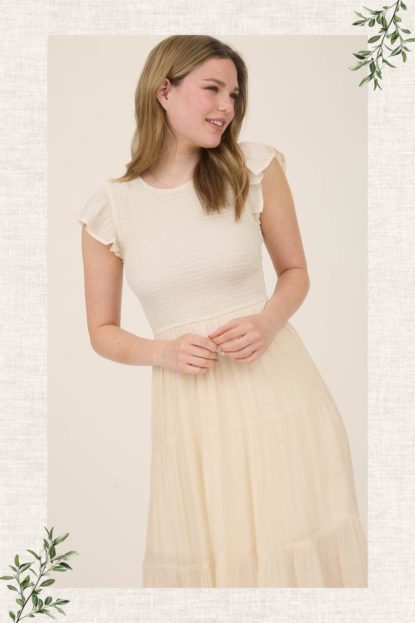 SMOCKED TIERED MIDI DRESS: LIGHT SAGE