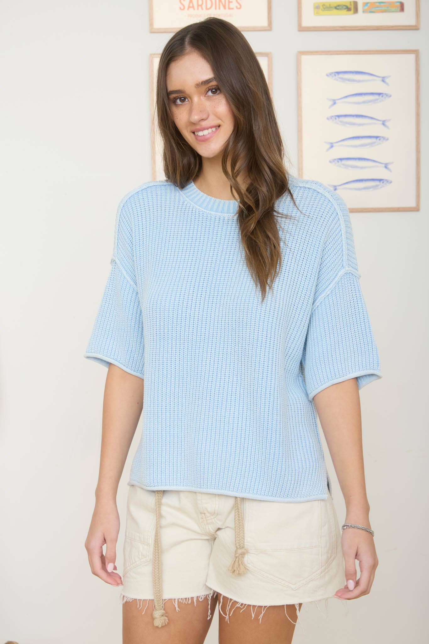 WASHED SHORT SLEEVE BOXY KNIT TOP : LIGHT OLIVE
