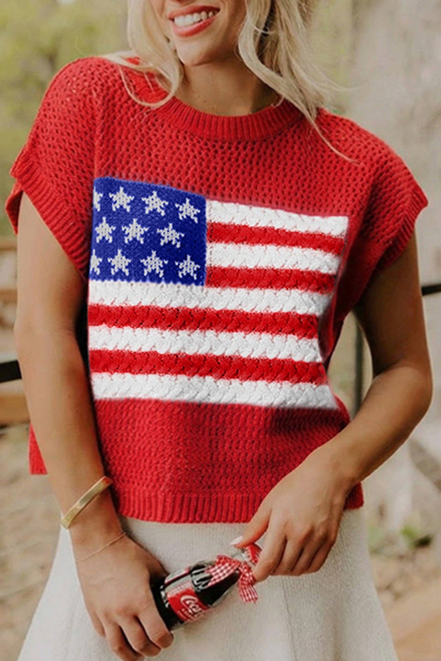 Sky Blue Flag Graphic Short Sleeve Sweater Top: Sky Blue