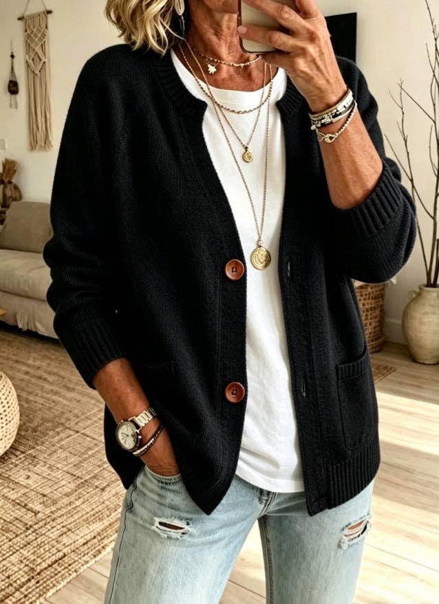 Button Front Crew Neck Pocket Knit Cardigan