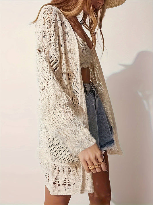 Cardigan Long Sleeved Loose Knit Top: Beige