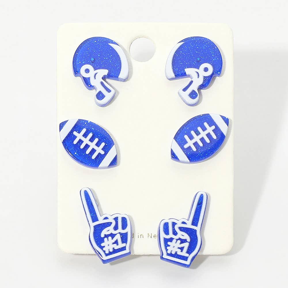 3Pairs - Game Day Football Helmet Ball Number One Sign Stud Earring Set
