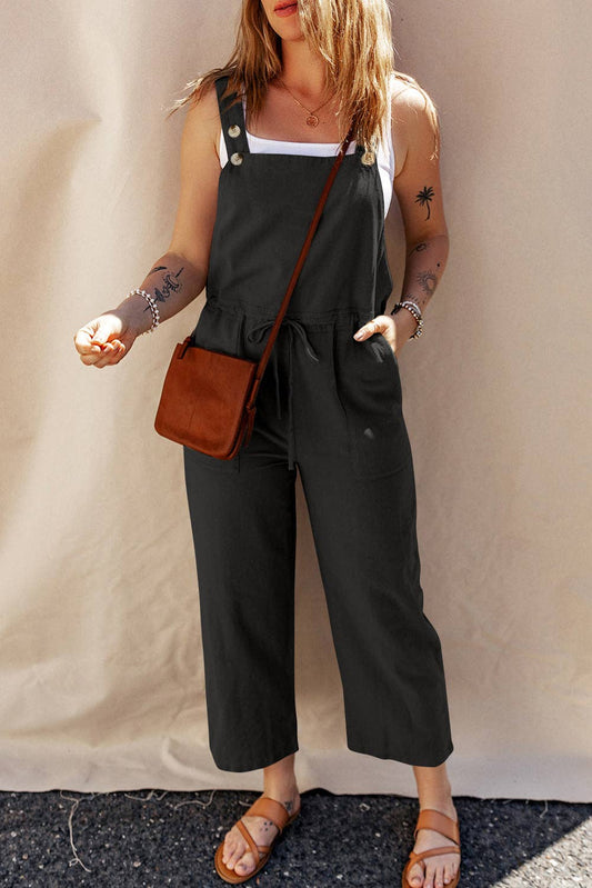 Drawstring Buttoned Straps Cropped Overall: Black / 50%Viscose+30%Linen+17%Polyester+3%Cotton /