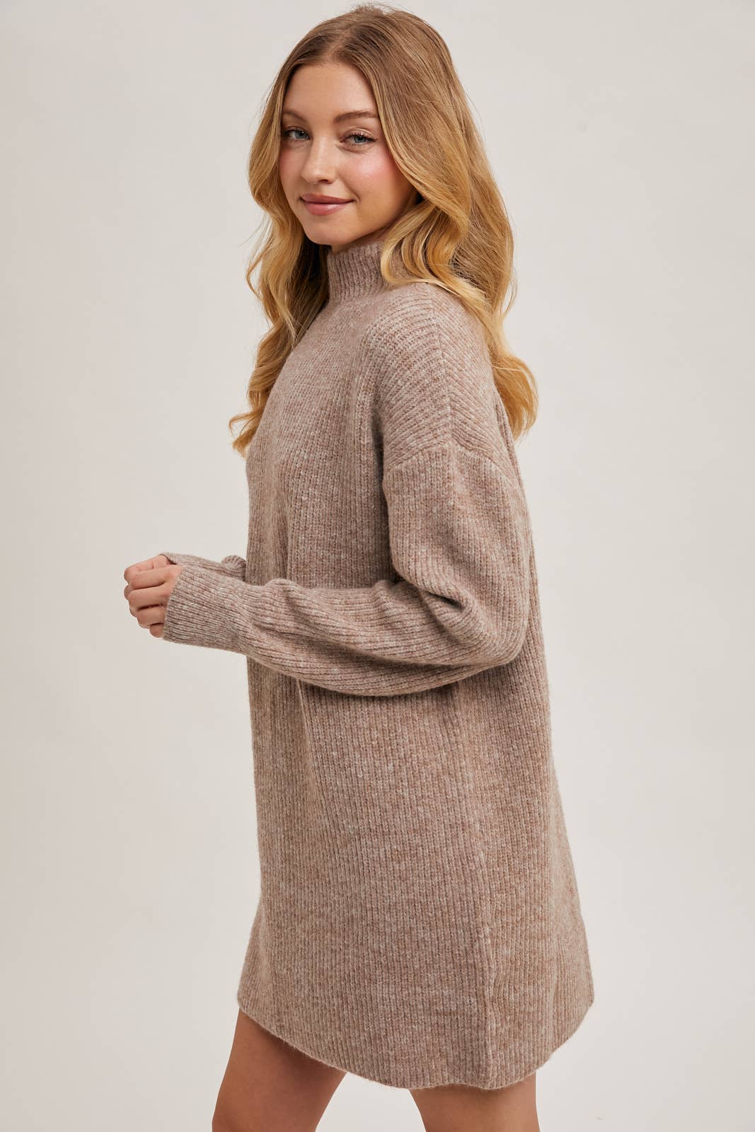 MOCK NECK KNIT SWEATER MINI DRESS: BIRCH
