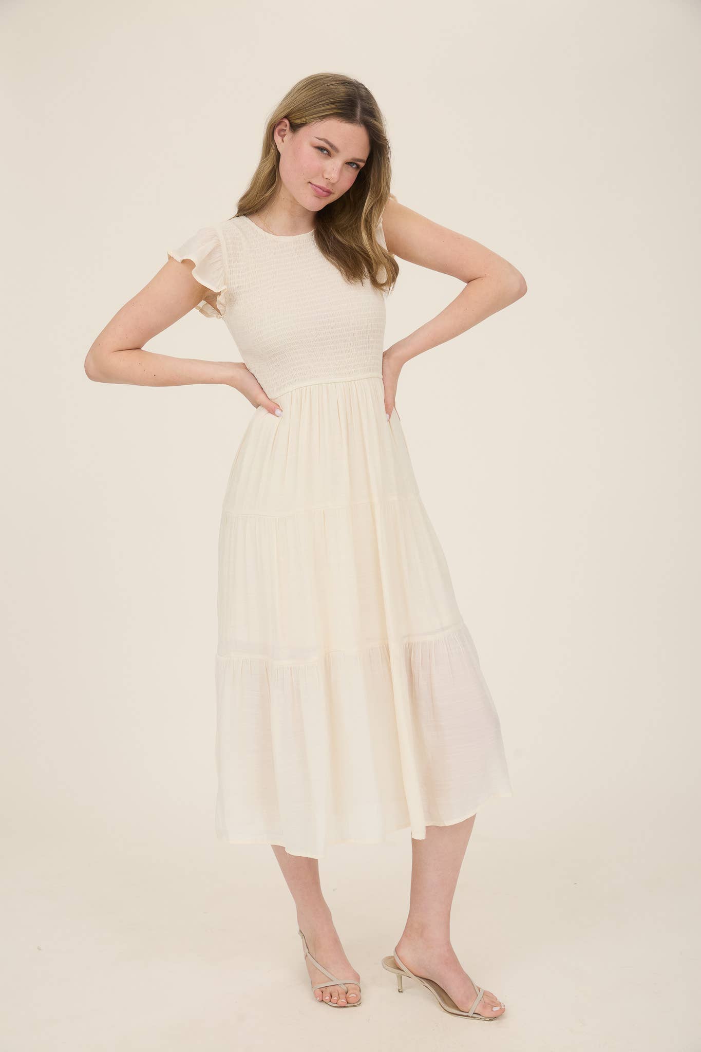 SMOCKED TIERED MIDI DRESS: LIGHT SAGE
