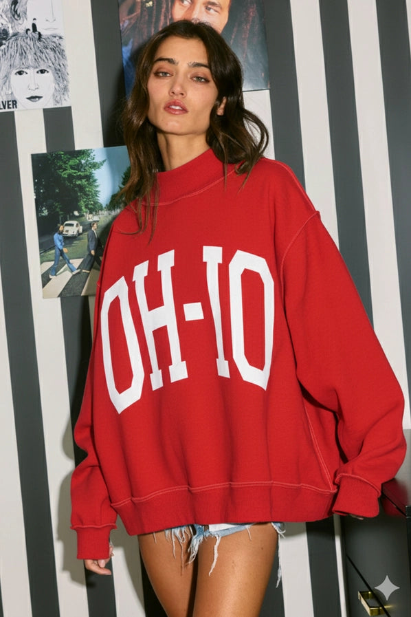 'OH-IO & OH' Reversible Mockneck Sweatshirt: Red