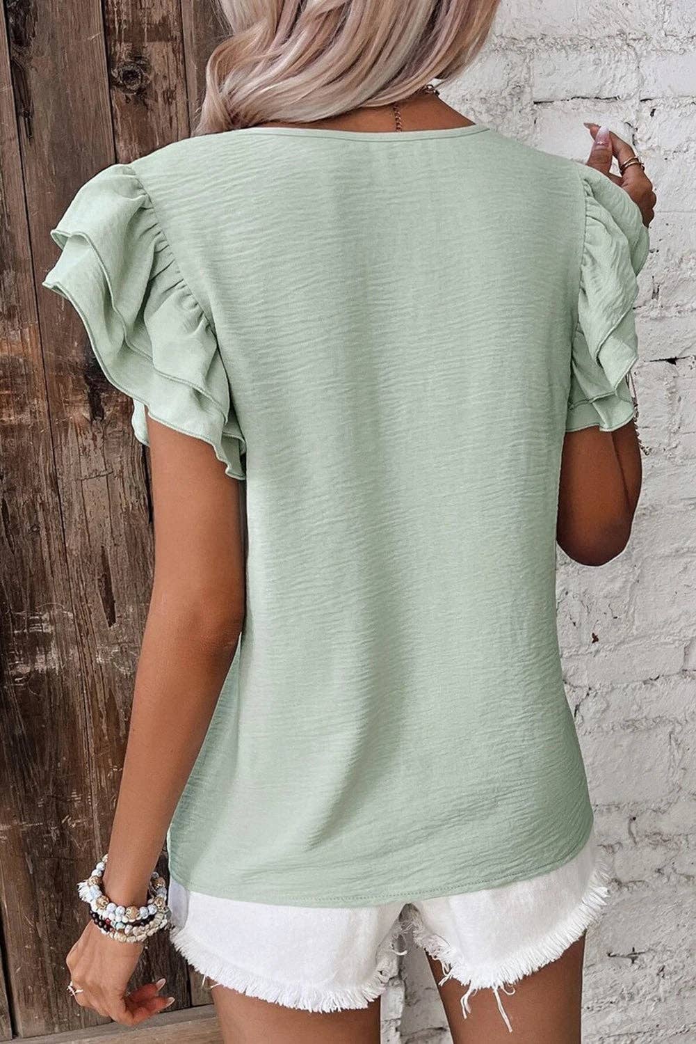 Solid Color Ruffled Short Sleeve Casual Blouse: Aqua