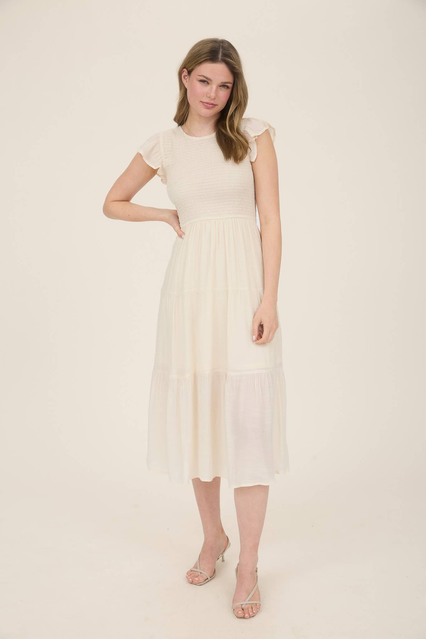 SMOCKED TIERED MIDI DRESS: LIGHT SAGE