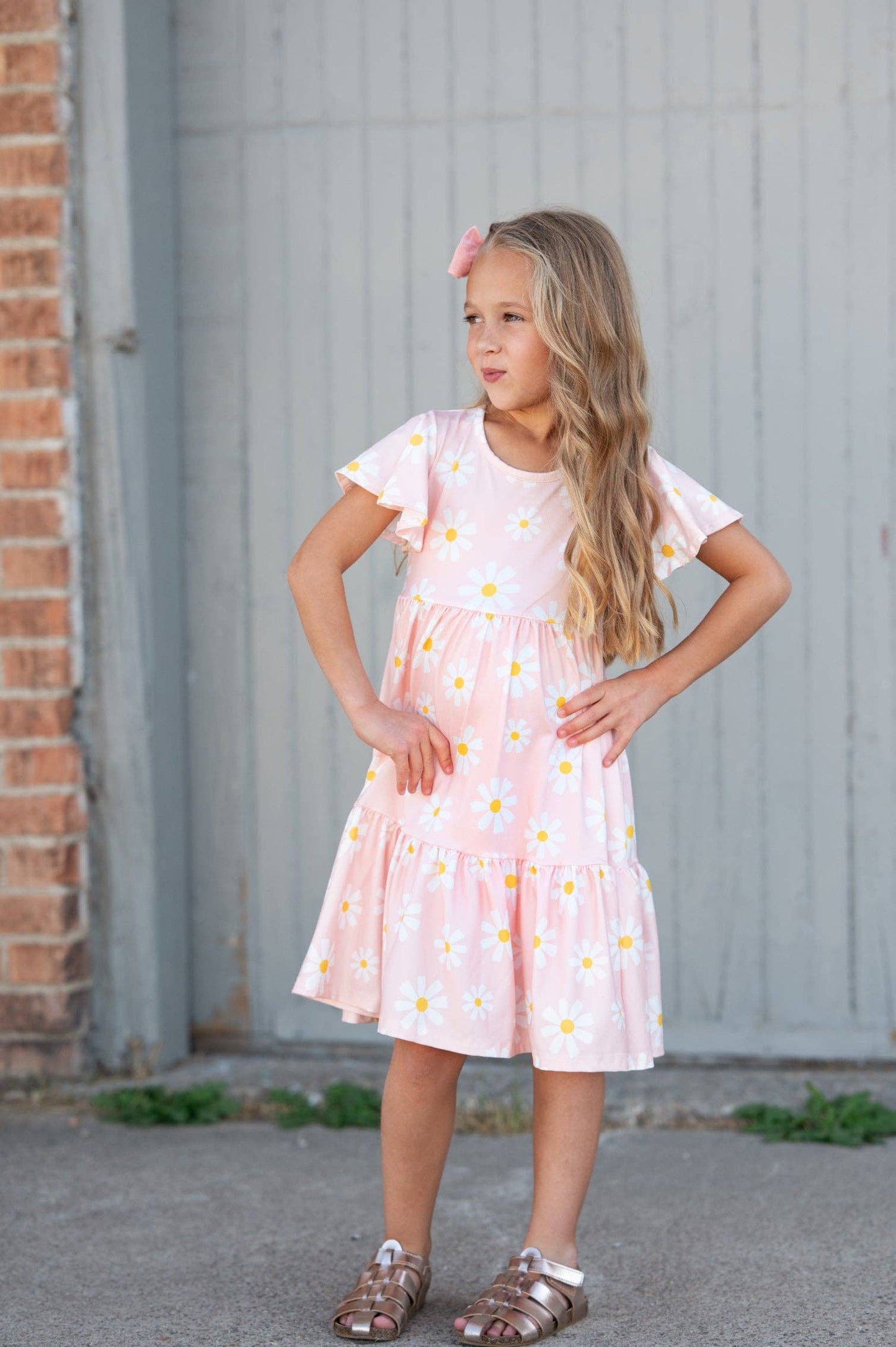 Girls Emma Pink Spring Daisy Flutter Sleeve Twirl Dress: 2